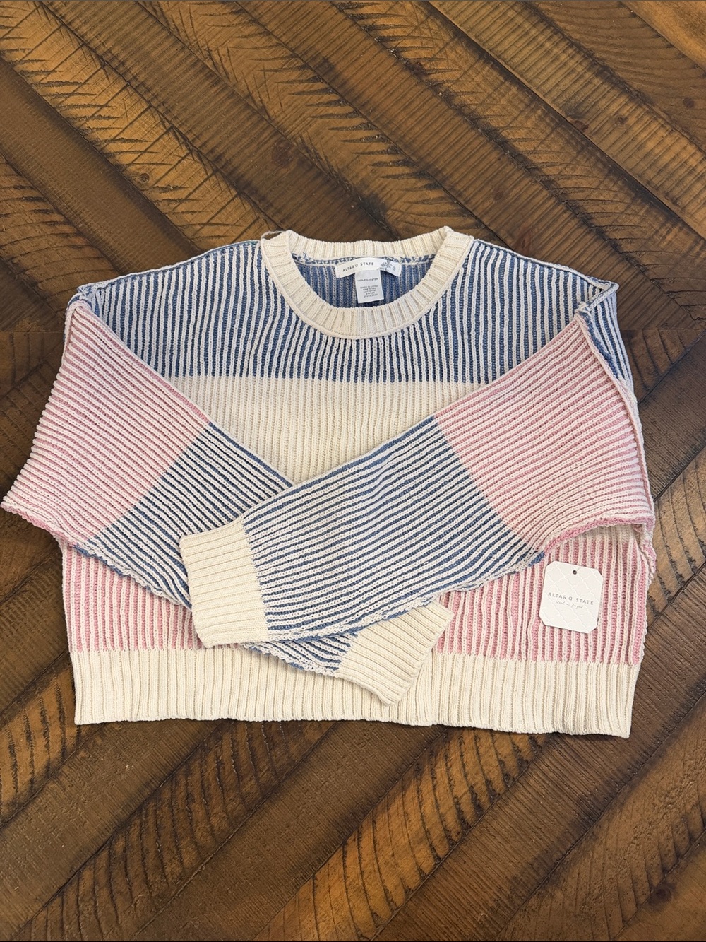 Altar'd State Striped Rib-Knit Crew in Blue, Pink & Cream